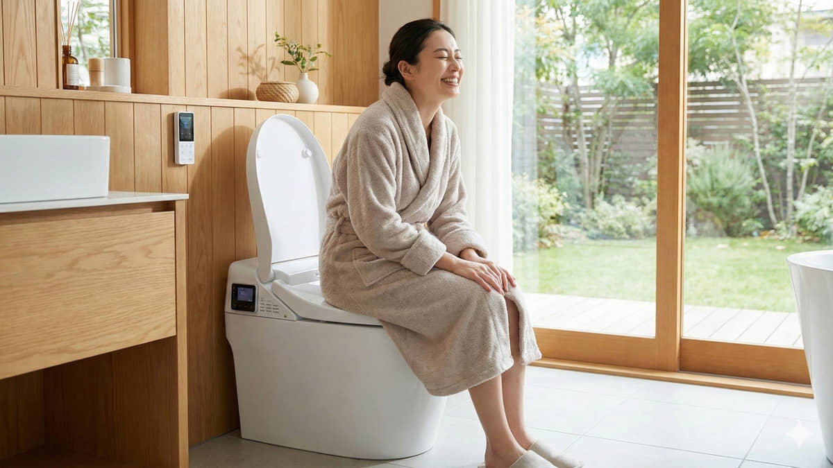 Mulher se acomoda no vaso sanitário inteligente para curtir a borda aquecida antes do n&ordm; 2