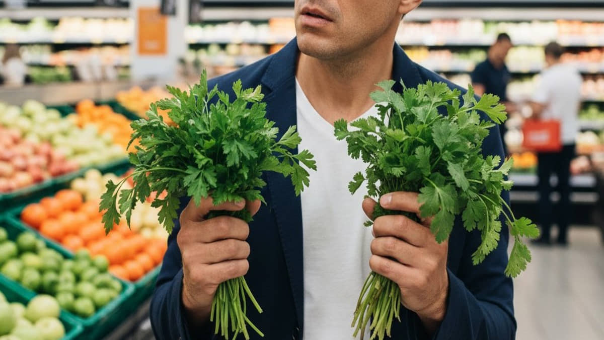 No mercado, homem segura os dois maços confuso sobre quem é o coentro