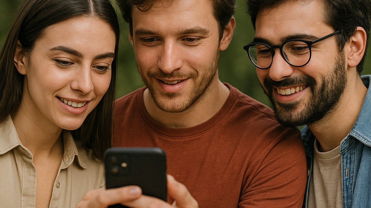 Amigos olham mensagem no celular de antiga operadora