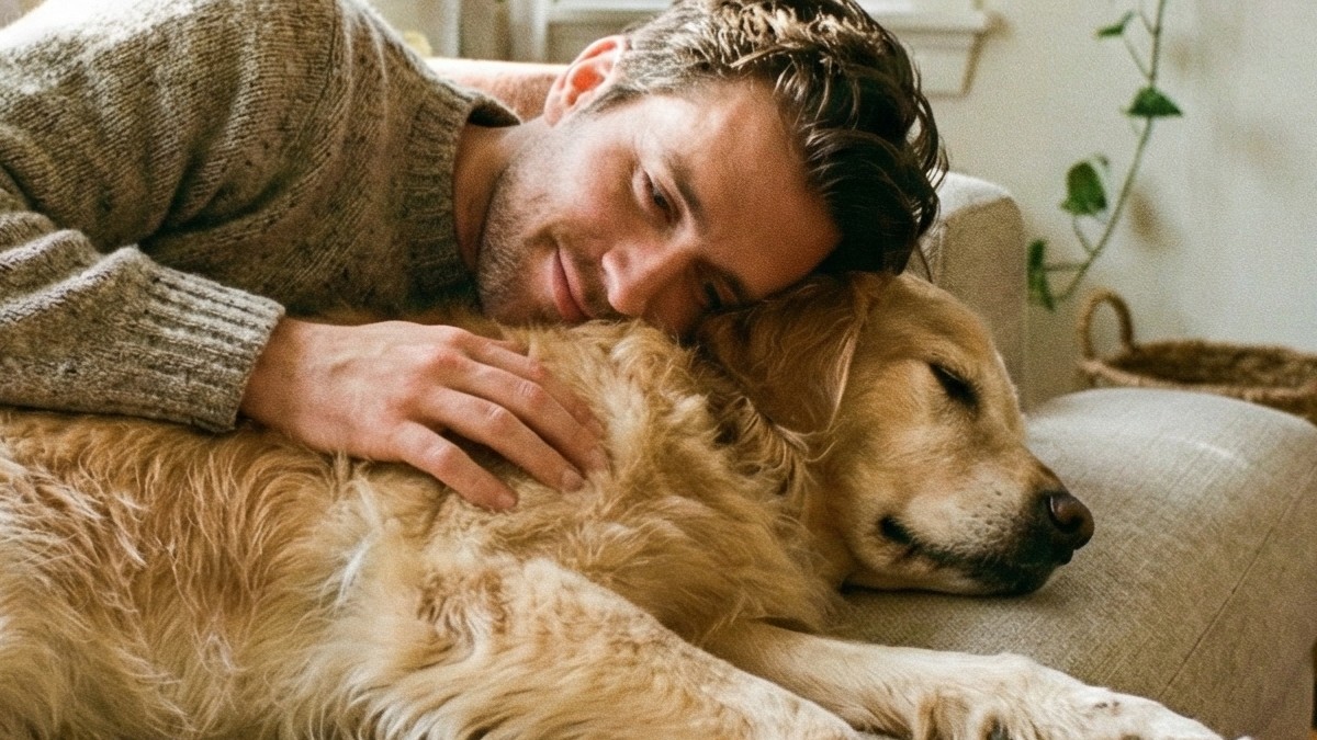 Homem abraça seu cachorro como se fosse seu filho