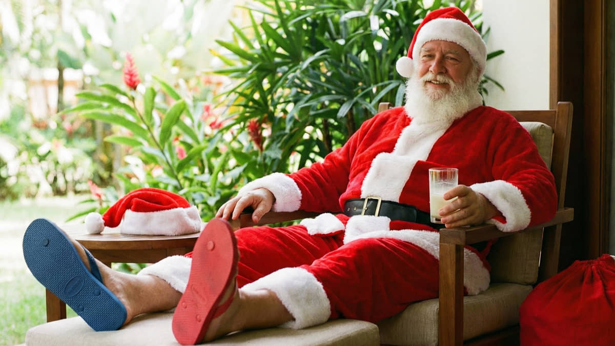 Papai Noel sentado com suas havaianas observando a polarização no Brasil
