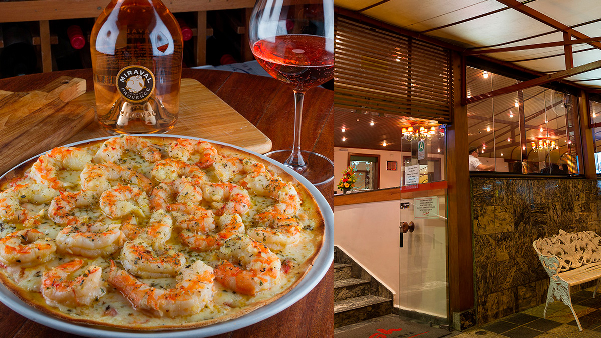 Uma pizza com 2 kg de camarão rosa médio, mussarela ou Catupiry, cebola, salsinha e azeitonas
