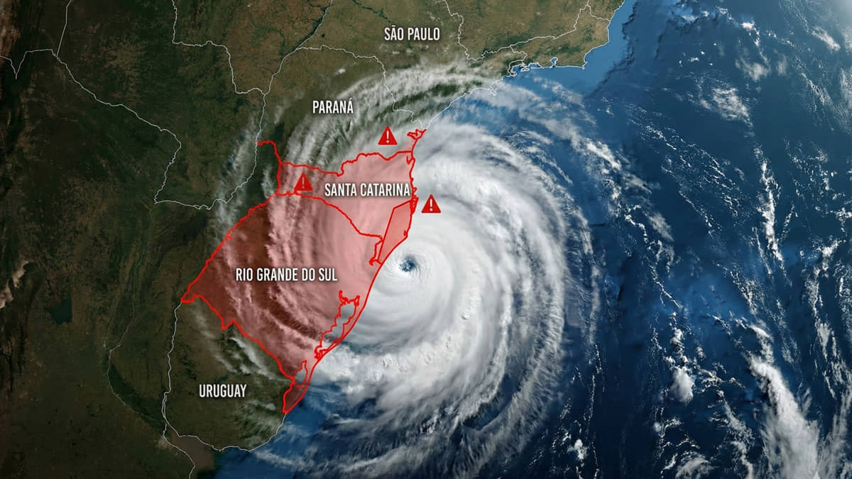 Imagem de satélite mostra as regiões que serão mais afetadas pelo ciclone no Brasil