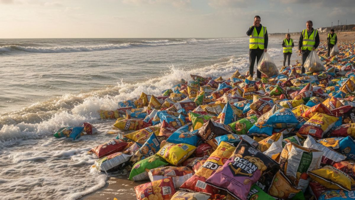 Milhares de pacotes de batatas fritas e cebolas foram levados pela correnteza até a areia