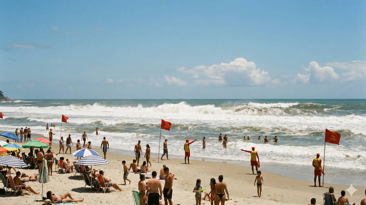 Praia lotada, calor extremo e mar agitado devem dar o tom ao fim de semana no litoral de SP