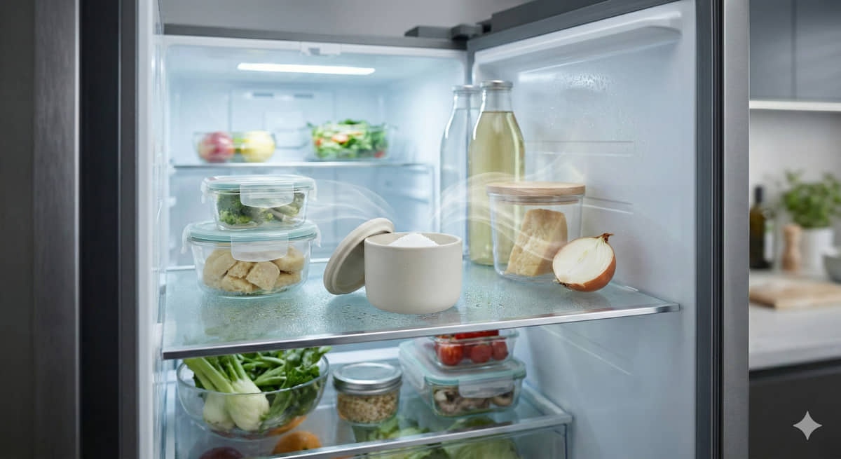 Um potinho com bicarbonato de sódio é suficiente para tirar o odor da geladeira