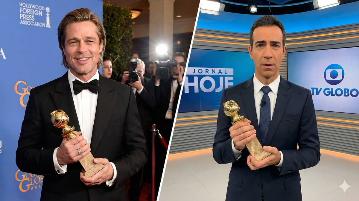 Brad Pitt de um lado e César Tralli do outro, mas Globo de Ouro não é da TV Globo