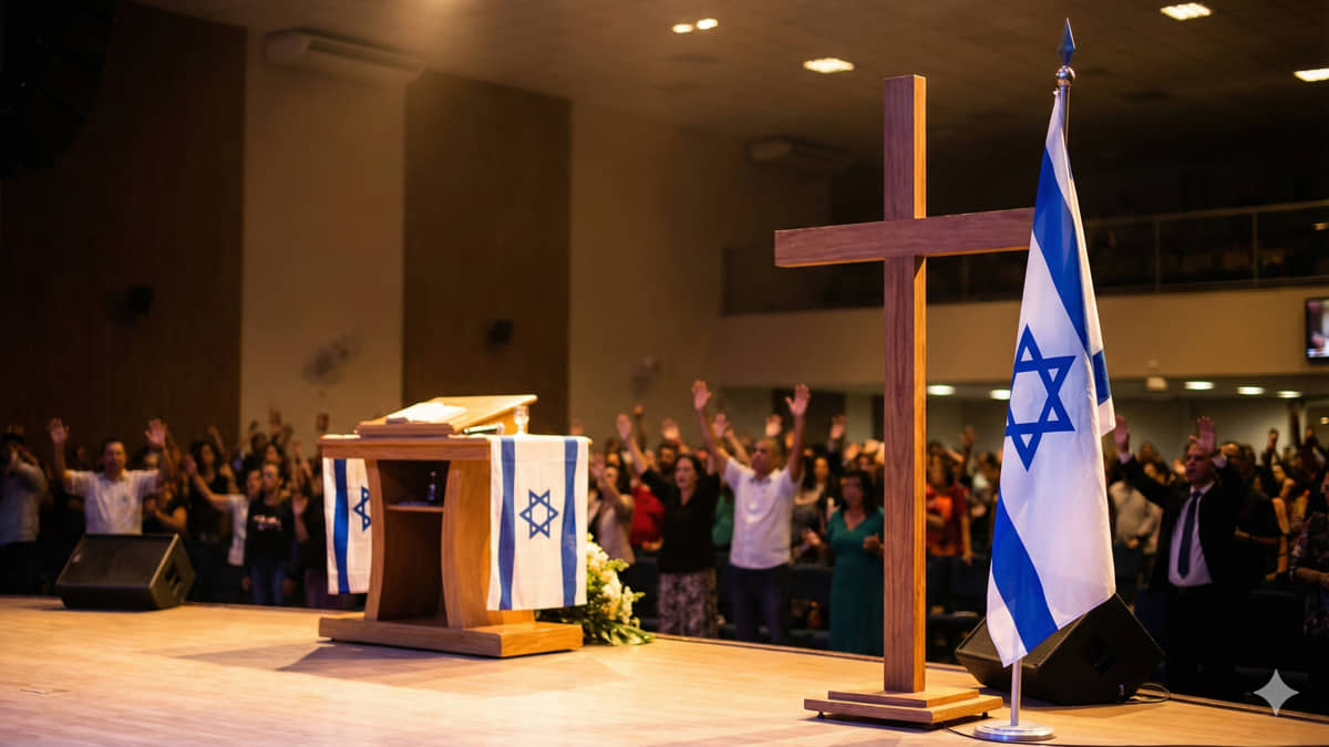 Bandeiras de Israel, que hoje não é um país cristão, em igreja cristã brasileira