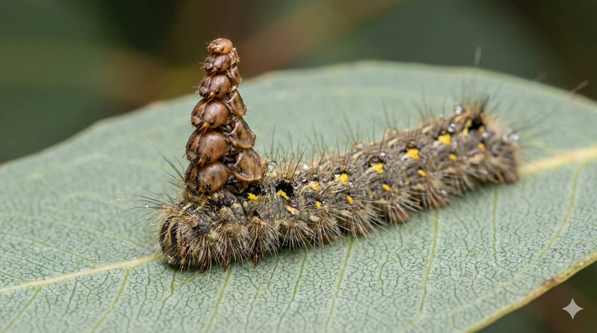 A lagarta usa uma técnica inusitada para enganar predadores e vira um 'edifício' de cabeças