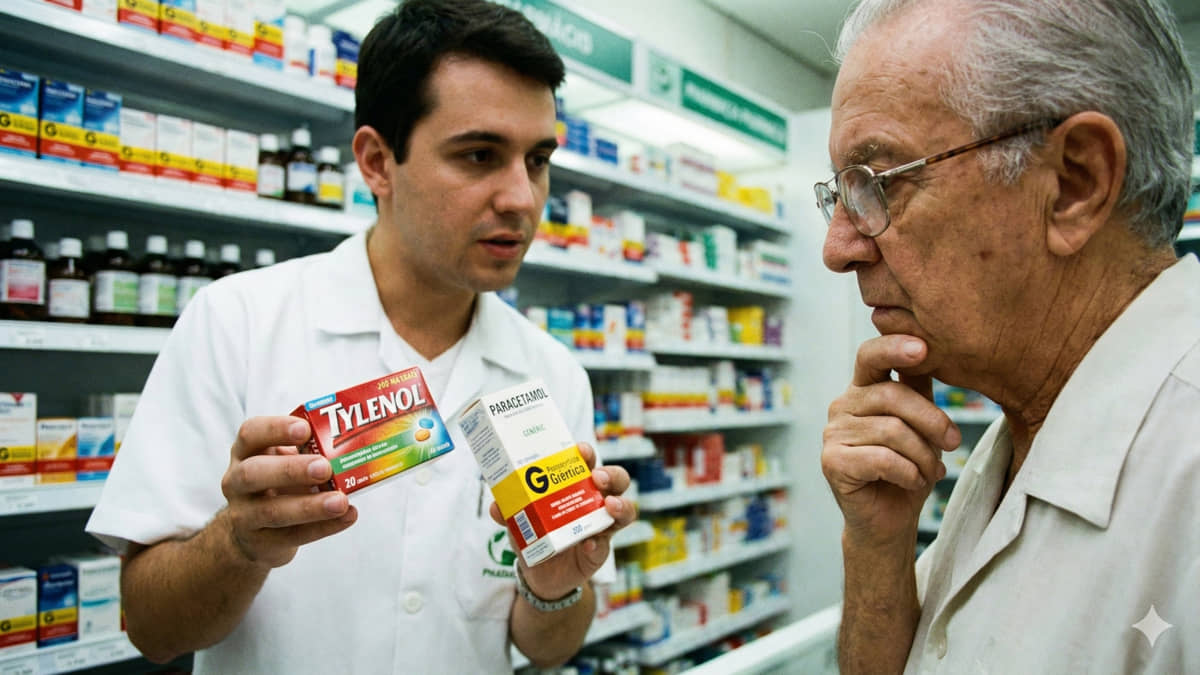 Cliente fica em dúvida sobre qual medicamento levar em balcão de farmácia