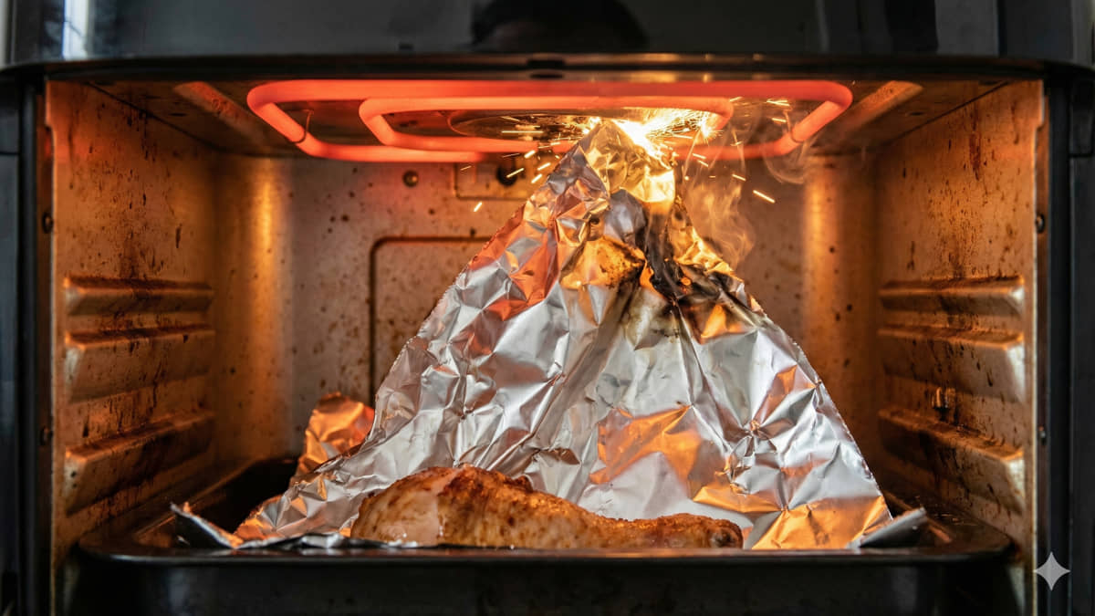 A folha do papel alumínio se desprende da comida e sobe, causando labaredas