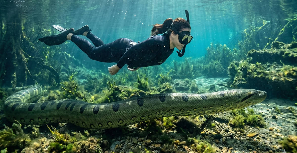 Turista nada perto de uma anaconda, que não oferece perigo (desde que não seja provocada)