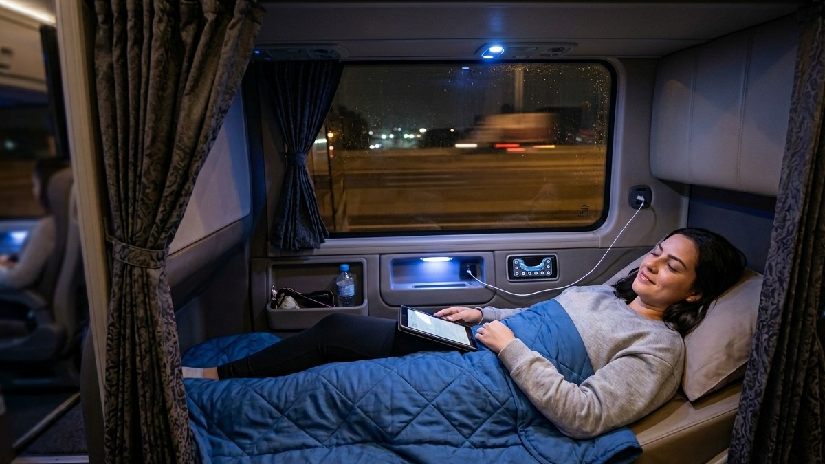 Viajante no conforto de uma cabine-cama moderna em uma viagem longa de ônibus