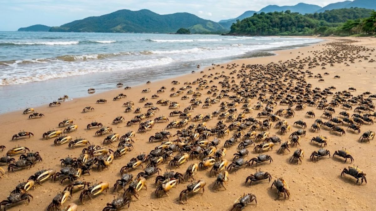 Os caranguejos foram vistos em massa nas areias da praia de Caraguatatuba
