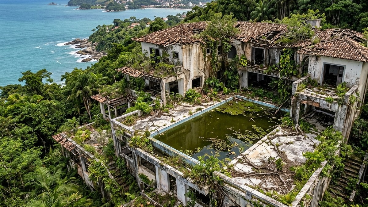 A mansão de Clodovil em Ubatuba, no litoral de SP, sendo engolida pela natureza