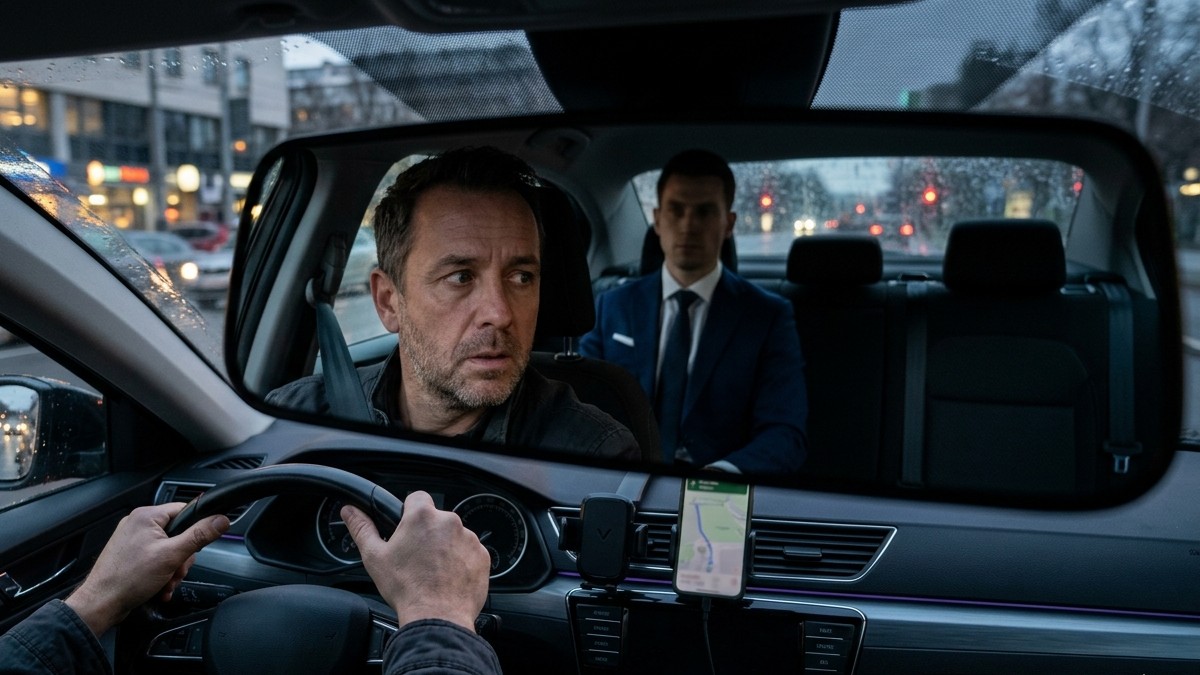 Alejandro observa o misterioso passageiro de terno azul em seu banco traseiro