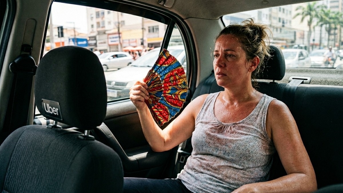 Mulher com calor dentro de carro da Uber X, se abanando com um leque