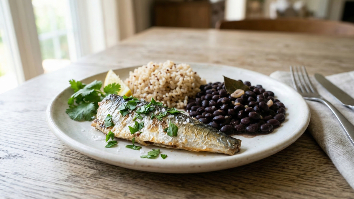 Enquanto a sardinha é uma das principais fontes de ômega-3, o arroz integral e o feijão garantem o aporte de fibras e energia