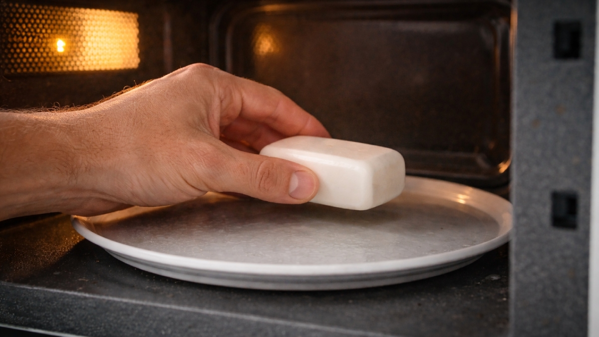 O processo começa colocando o pedaço de sabonete no micro-ondas por cerca de 30 segundos