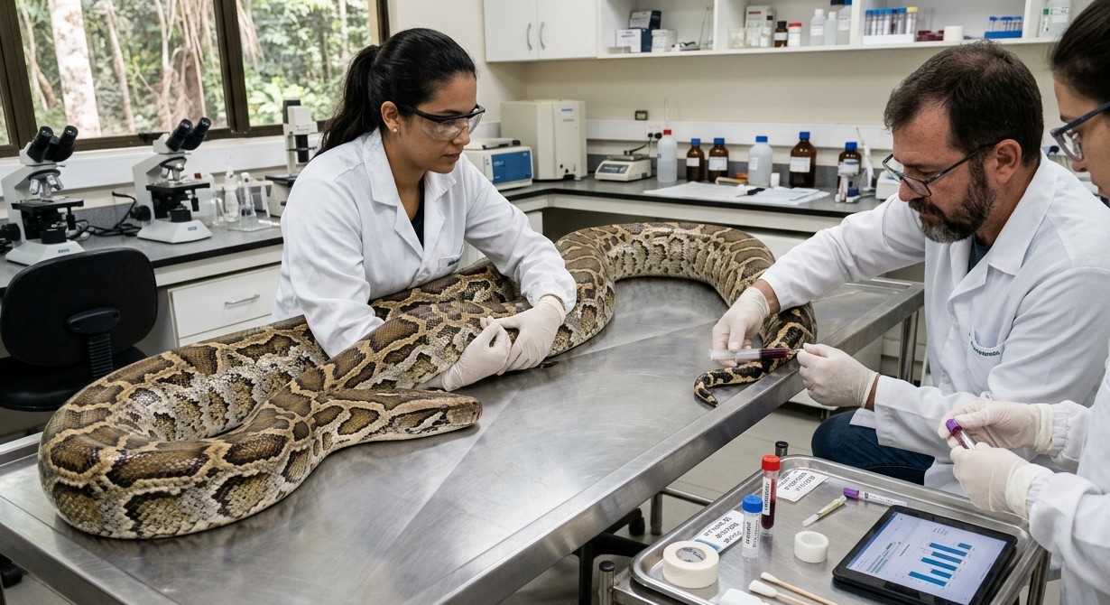 Sangue da píton sendo extraído para estudos em laboratório