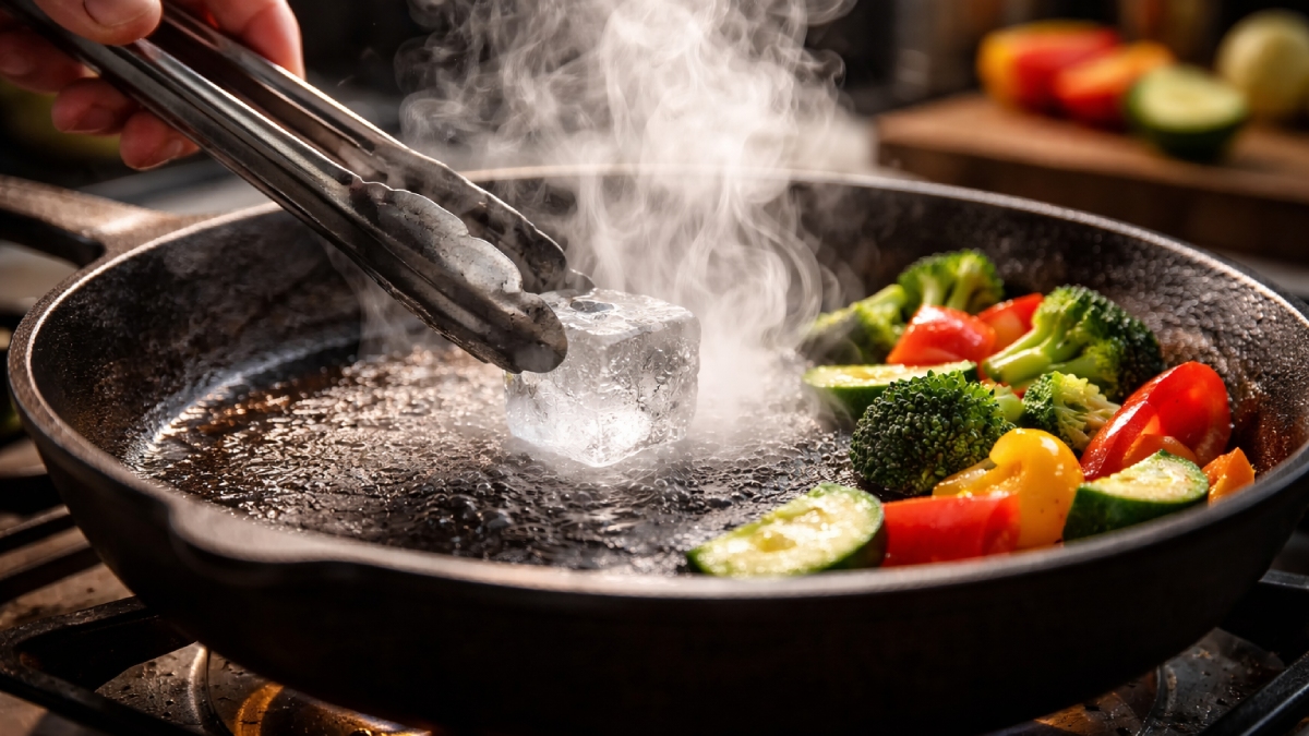 Quando o gelo encosta na frigideira já aquecida, ele evapora quase imediatamente