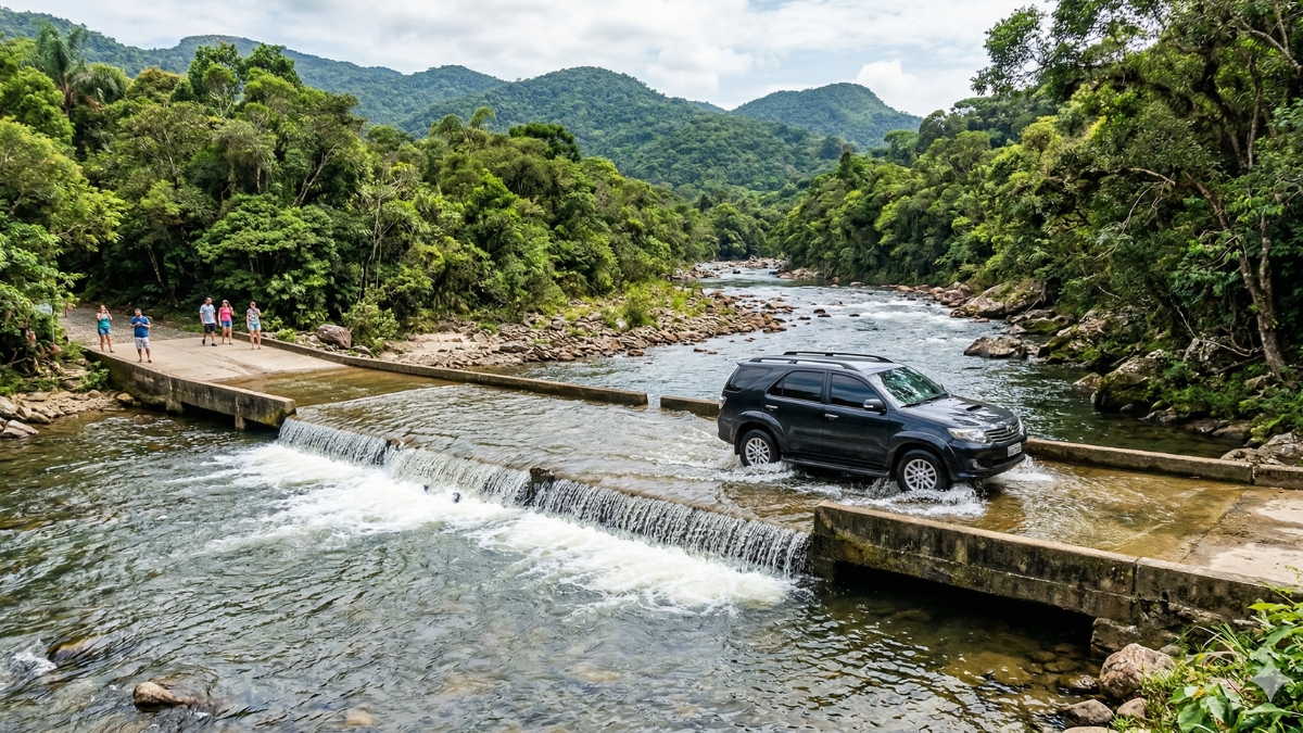 Carros atravessam rio por cima da ponte em Guaratuba; entenda o fenômeno
