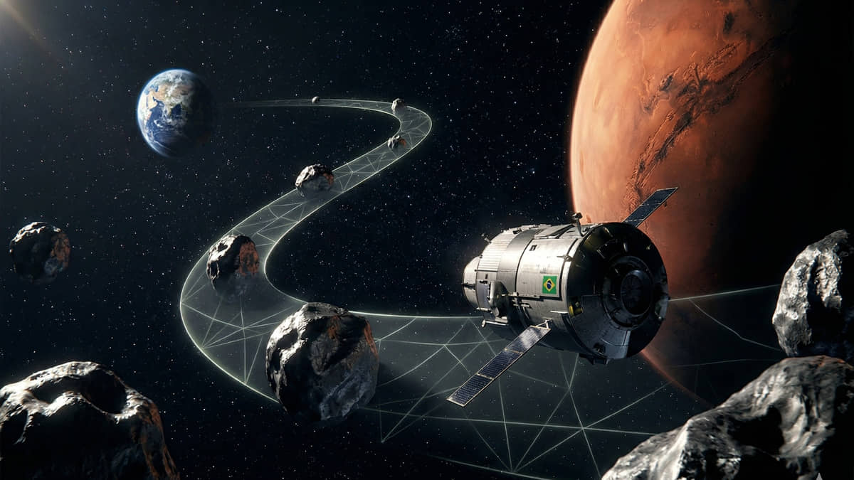 Imagem conceitual gerada por IA ilustra a nova rota brasileira para Marte em 153 dias, utilizando asteroides como 'estilingues' gravitacionais e validada por inteligência artificial