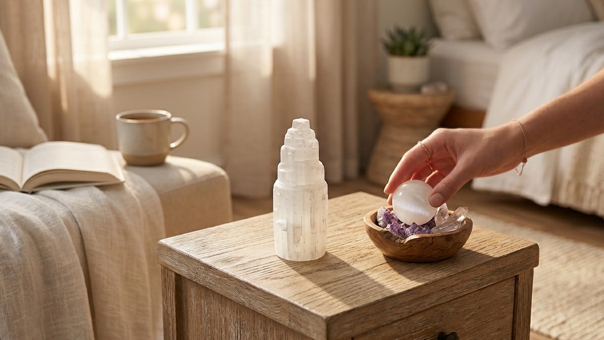 A selenita branca colocada na sala para purificar o ambiente