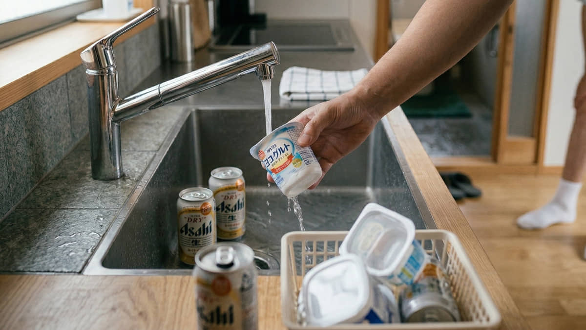 Foto conceitual criada com IA mostrando o hábito japonês de levar potes de iogurte antes de joga-los no lixo, evitando insetor e cheiro ruim