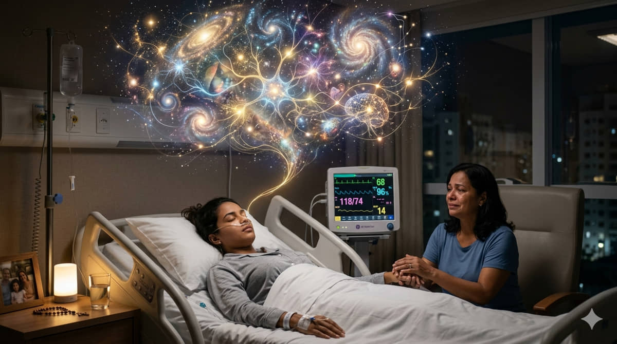 Mãe observa a filha em coma em leito de hospital