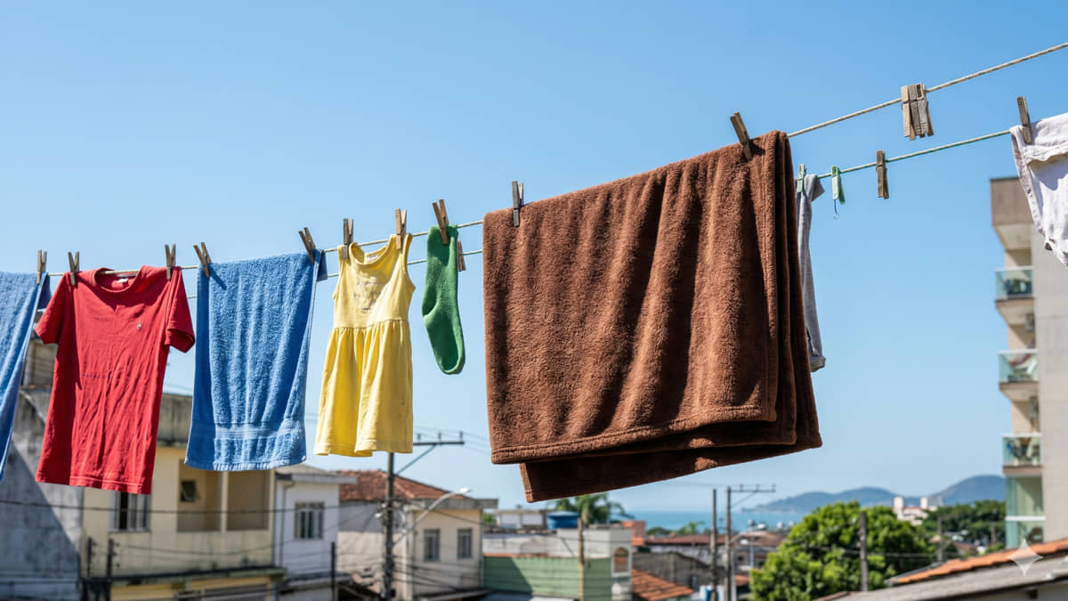 Imagem conceitual criada com a ajuda de IA de um varal cheio de roupas e tempo firme no litoral de SP