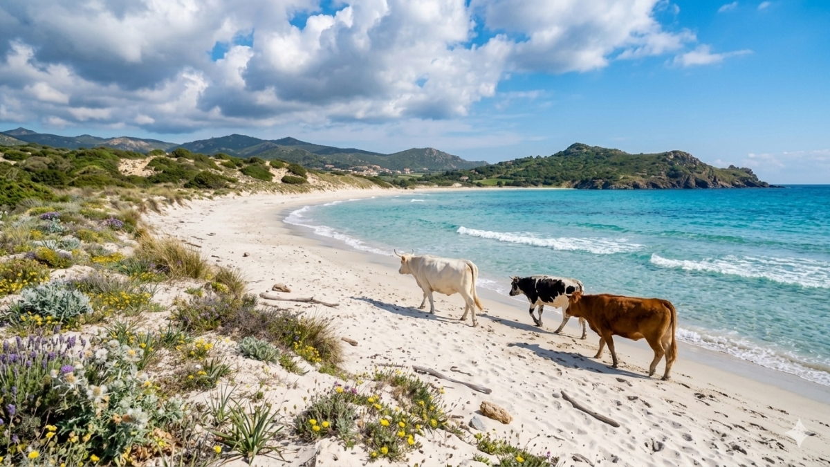 Vacas passeam tranquilamente em praia italiana