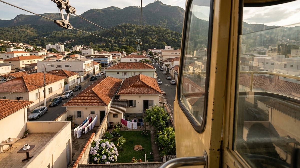 O teleférico de Poços de Caldas, em Minas Gerais, sobrevoa casas, comércios e tudo mais